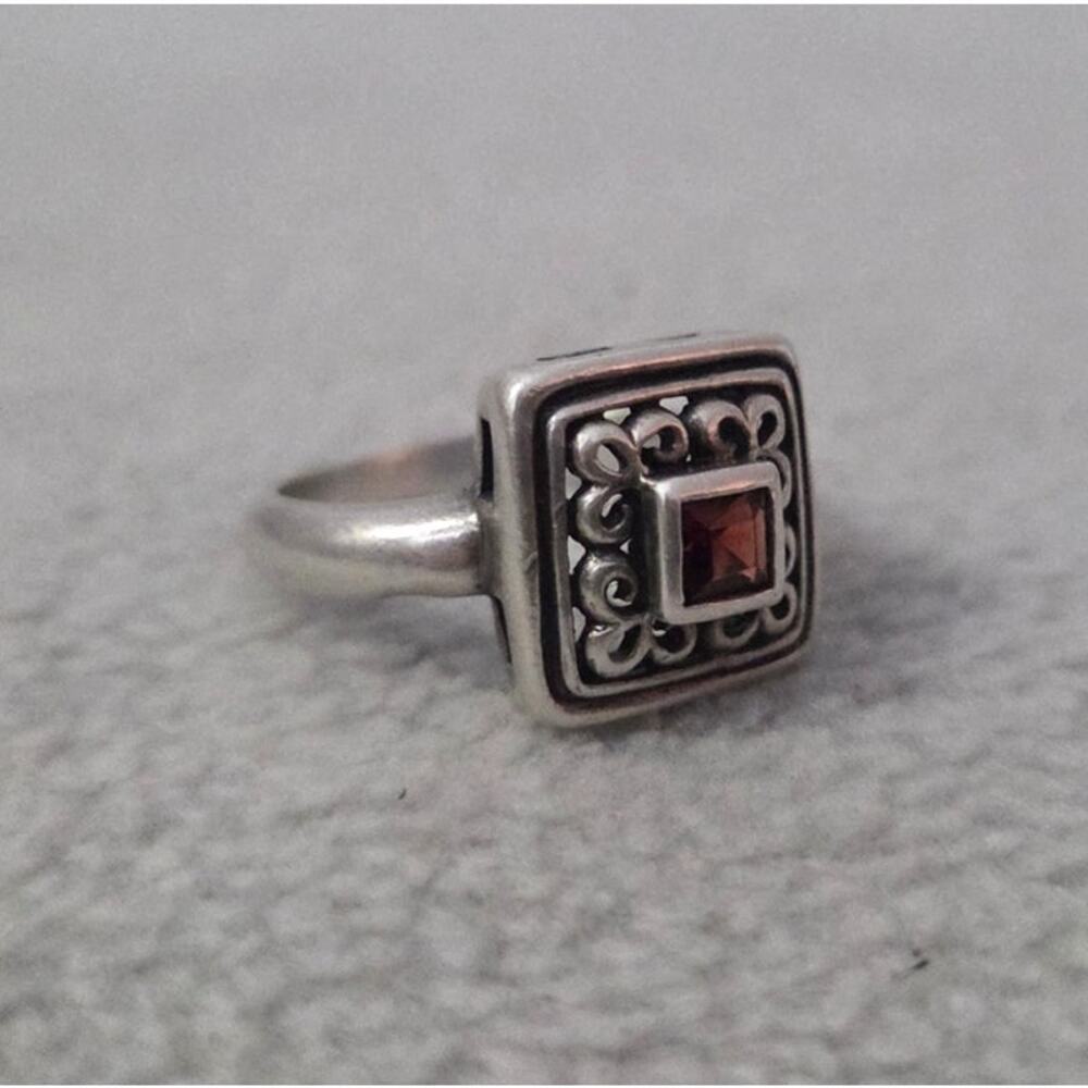 Sterling Silver Garnet Square Sz 7 RING Filigree Steam Punk Goth